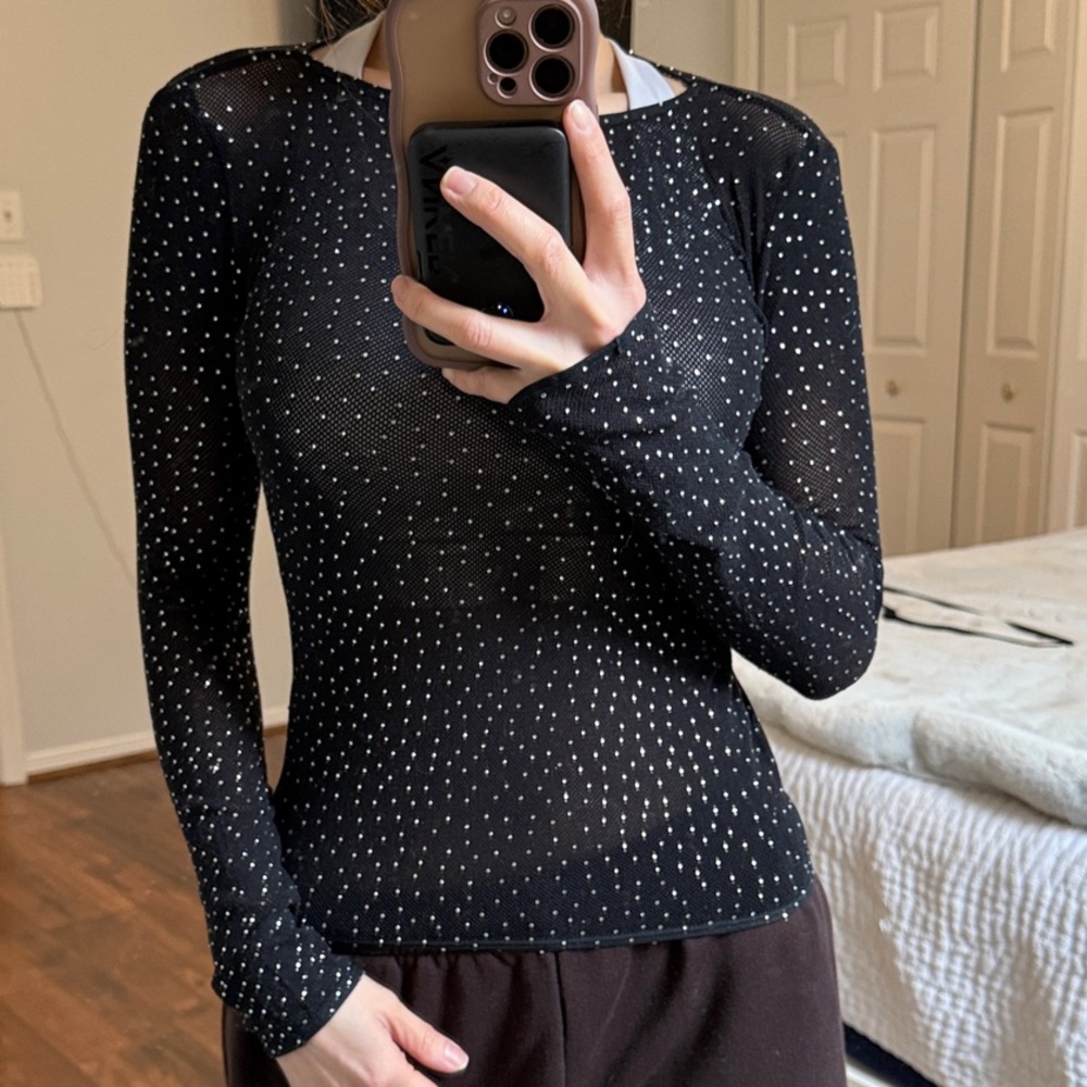 ZARA Elegant Black Long Sleeve Top with Rhinestones